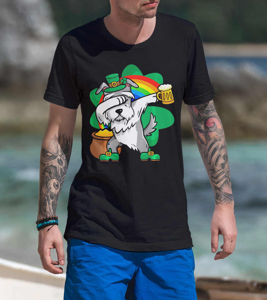 Funny Dabbing Schnauzer Leprechaun With Beer And Rainbow T-Shirt