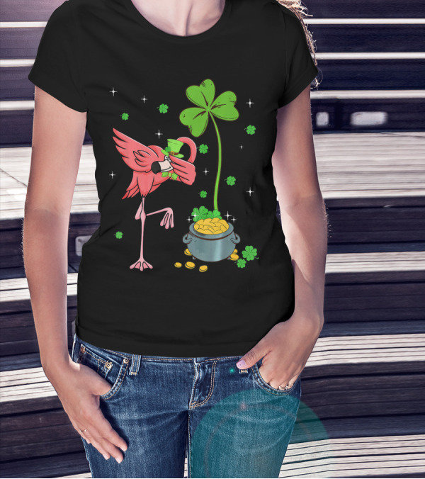Shamrock Leprechaun Flamingo St Patricks Pot Of Gold T-Shirt