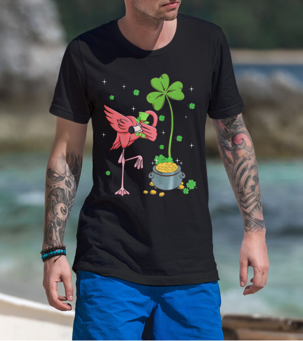 Shamrock Leprechaun Flamingo St Patricks Pot Of Gold T-Shirt