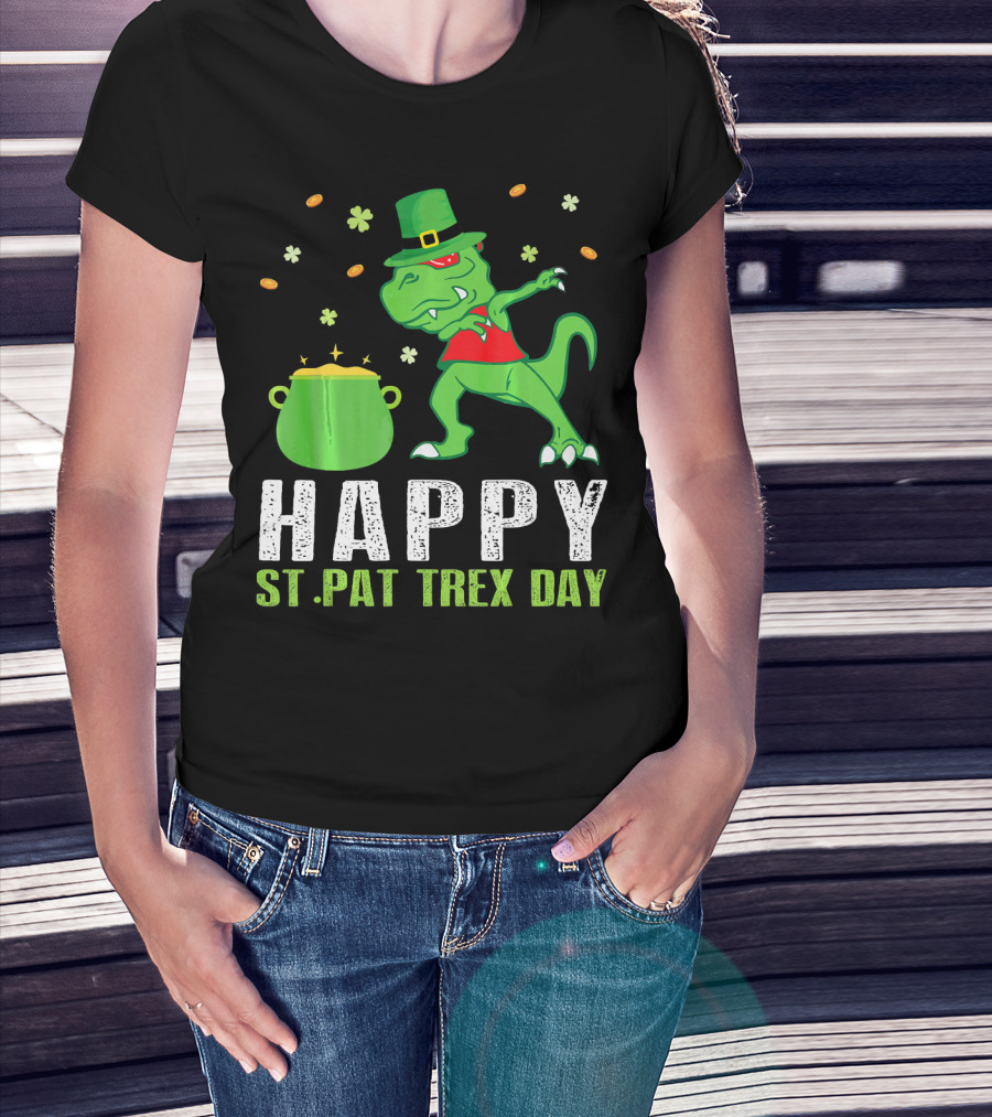 Happy St. Pat T-Rex Day Dinosaur Leprechaun Dabbing Pot Gold T-Shirt