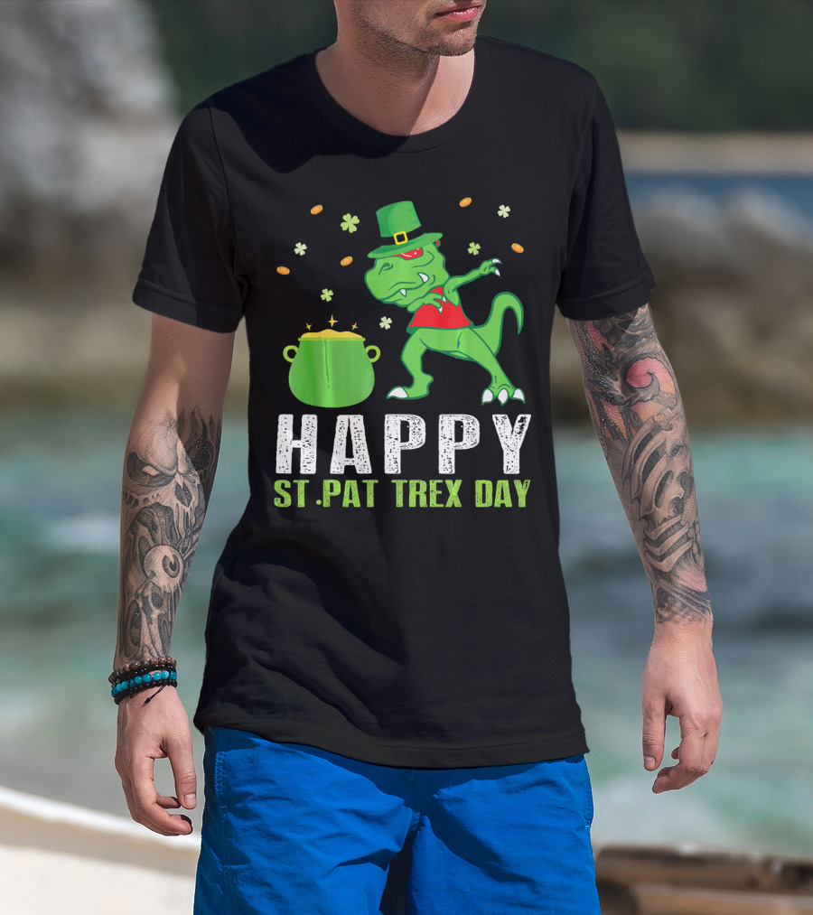 Happy St. Pat T-Rex Day Dinosaur Leprechaun Dabbing Pot Gold T-Shirt