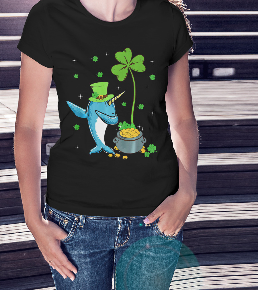 Shamrock Leprechaun Narwhal With Pot Of Gold St Patricks T-Shirt