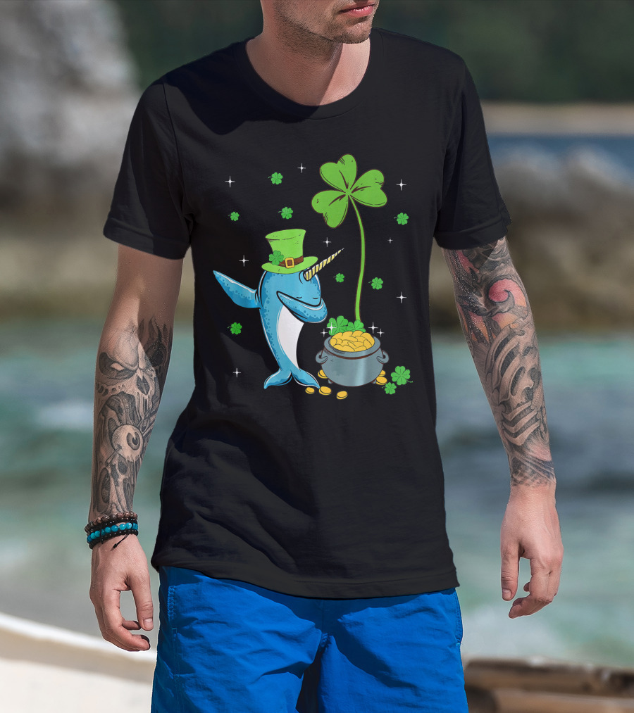 Shamrock Leprechaun Narwhal With Pot Of Gold St Patricks T-Shirt