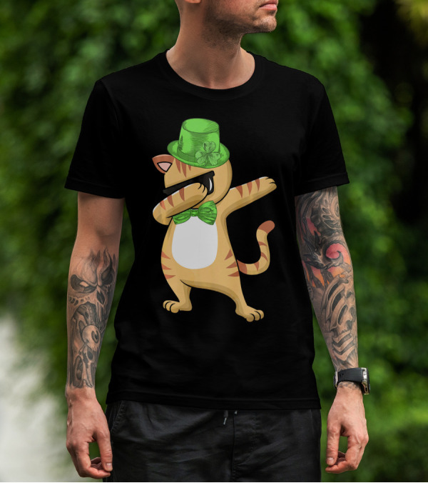 Dabbing Cat St Patricks Day Leprechaun Green Hat Clover Bow Tie T-Shirt
