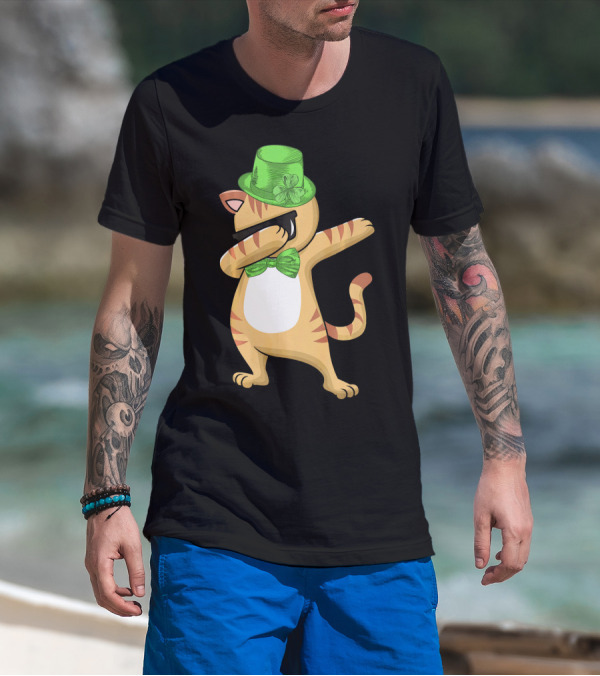 Dabbing Cat St Patricks Day Leprechaun Green Hat Clover Bow Tie T-Shirt