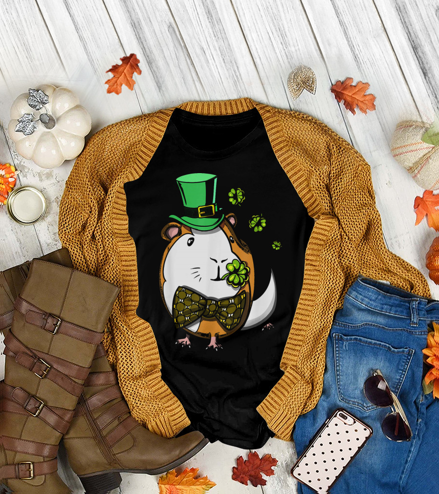 Leprechaun Guinea Pig St Patricks Irish Clover Bow Tie Green Hat T-Shirt