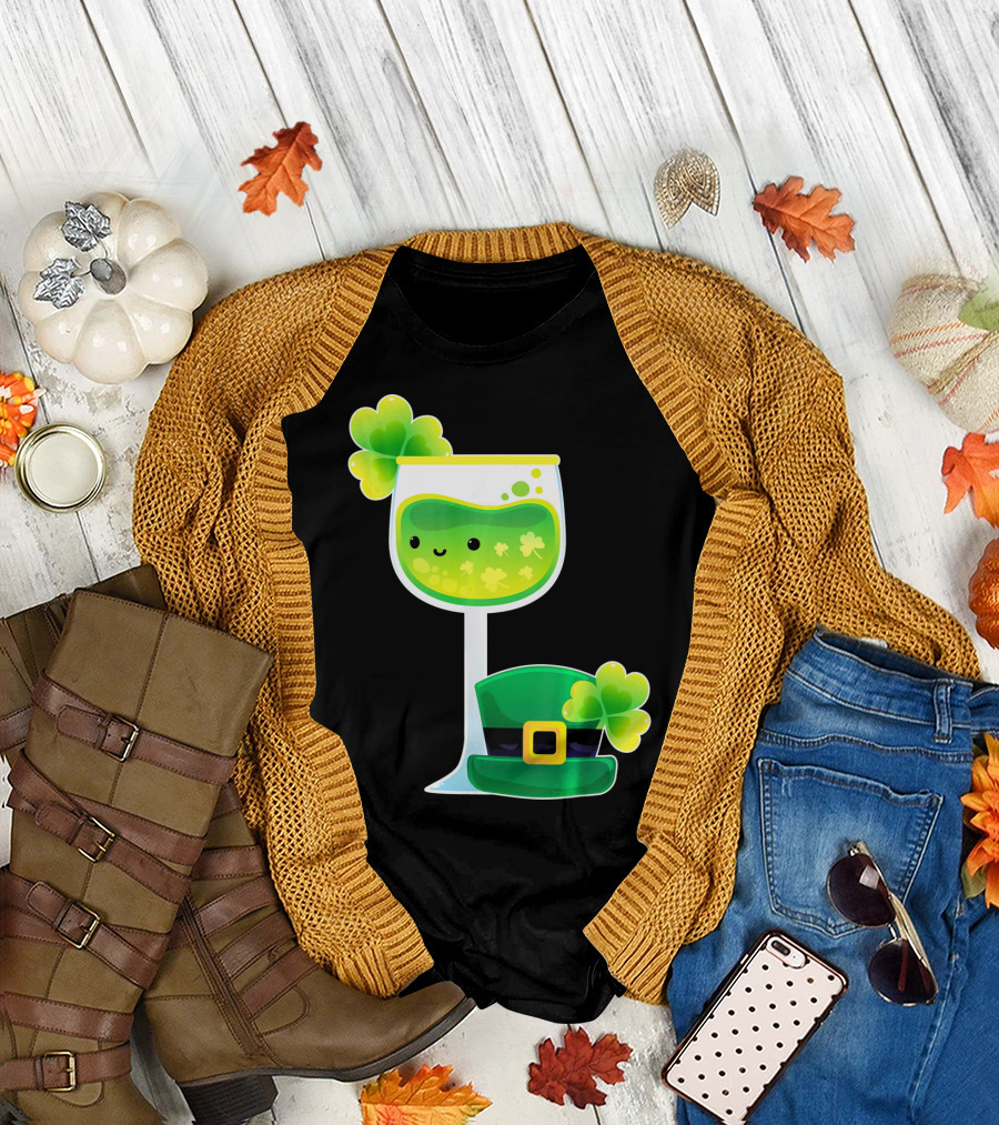 Saint Patrick's Day Green Shamrock Wine Glass with Leprechaun Hat T-Shirt