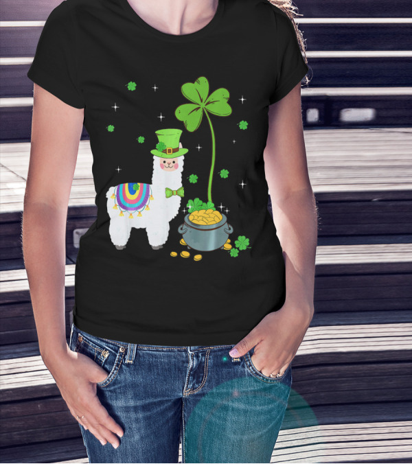 Shamrock Llama Leprechaun Pot Of Gold St Patricks T-Shirt