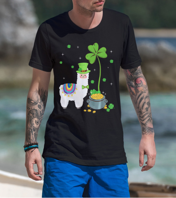 Shamrock Llama Leprechaun Pot Of Gold St Patricks T-Shirt