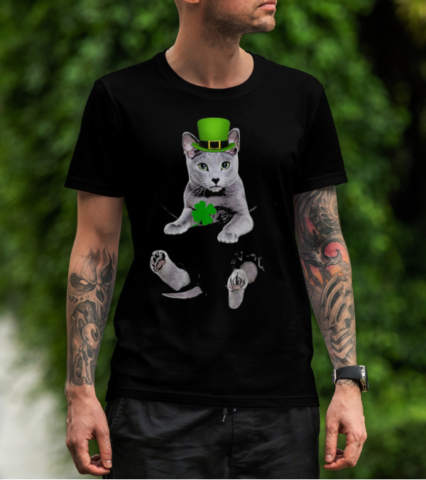 St Patricks Day Russian Blue Cat With Shamrock And Green Hat T-Shirt