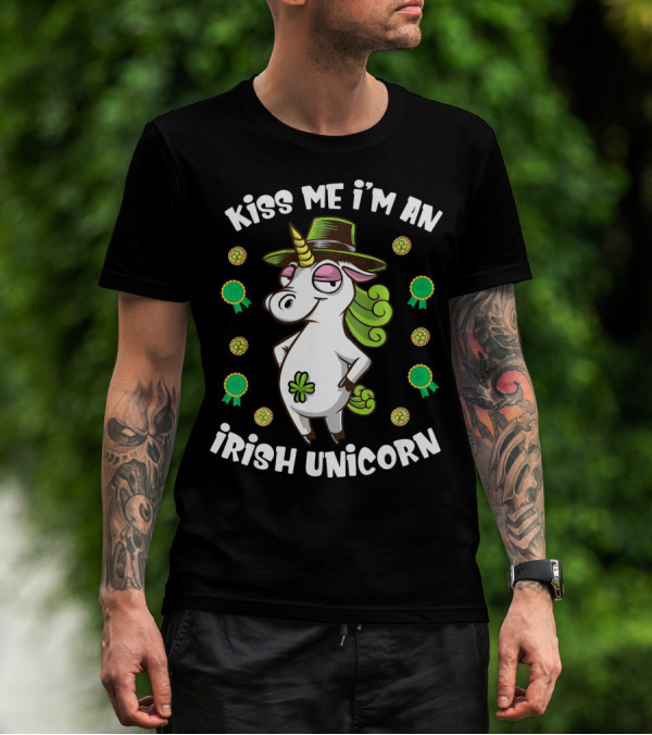 Kiss Me I'm An Irish Unicorn Shamrocks And Gold T-Shirt
