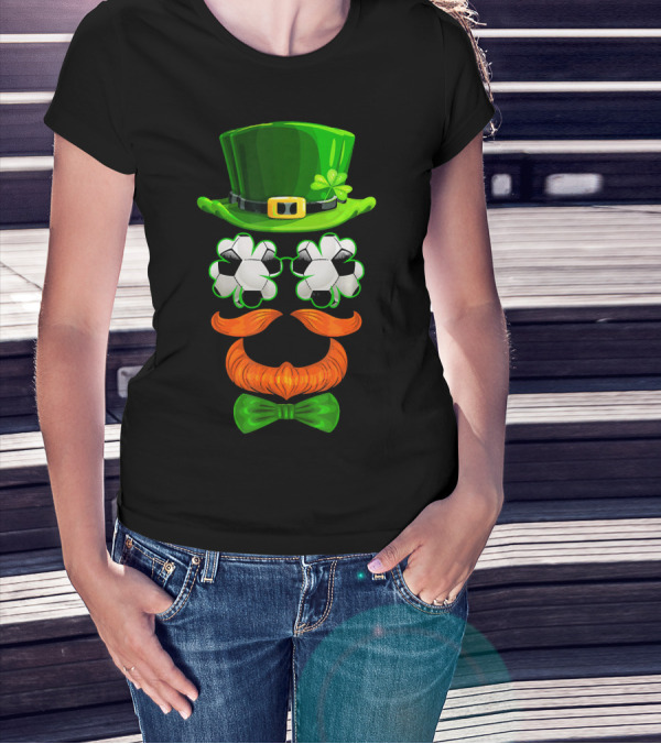 Leprechaun Hat With Soccer Ball Shamrock Glasses And Clover Bowtie T-Shirt