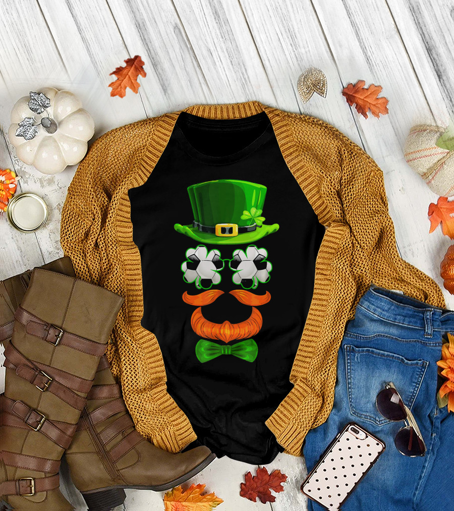 Leprechaun Hat with Soccer Ball Shamrock Glasses and Clover Bowtie T-Shirt