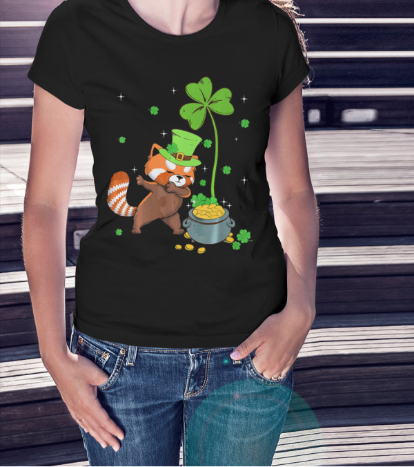 Shamrock Leprechaun Red Panda Pot Of Gold St Patrick's Day T-Shirt