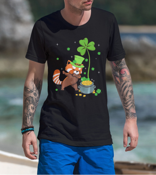 Shamrock Leprechaun Red Panda Pot Of Gold St Patrick's Day T-Shirt