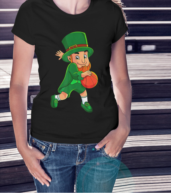 Leprechaun Basketball St Patricks Day Character In Green Outfit With Orange Ball T-Shirt