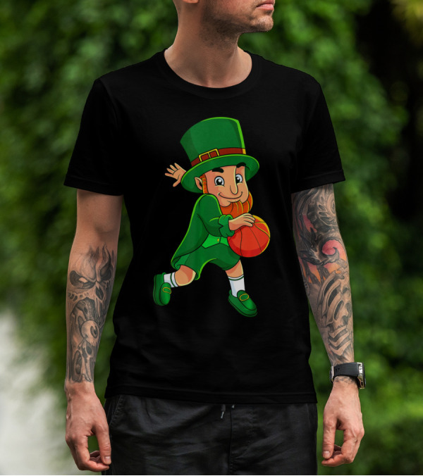 Leprechaun Basketball St Patricks Day Character In Green Outfit With Orange Ball T-Shirt