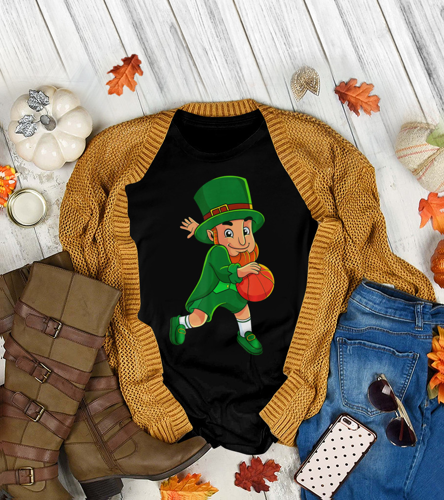Leprechaun Basketball St Patricks Day Character in Green Outfit with Orange Ball T-Shirt