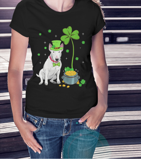 Shamrock Leprechaun Bull Terrier Pot Of Gold And Clover T-Shirt