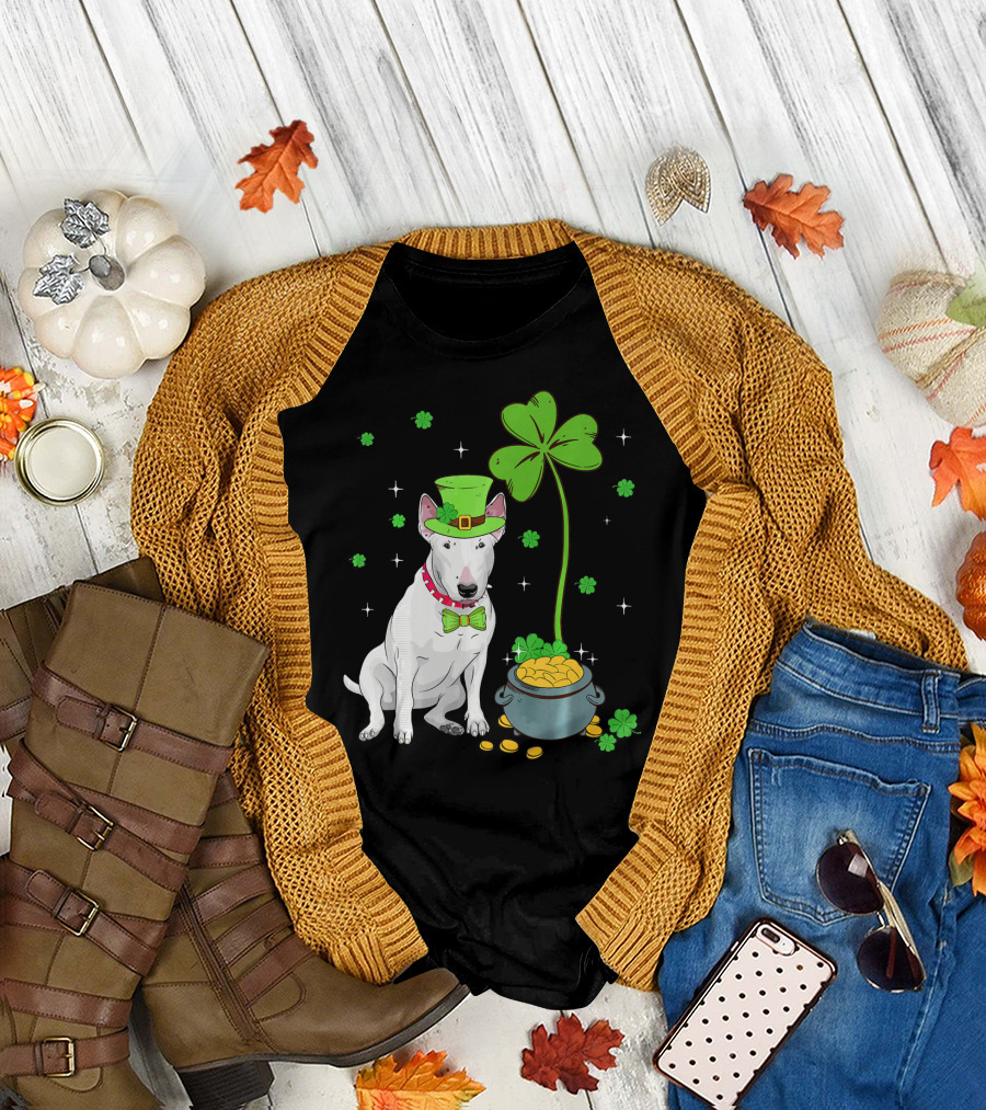 Shamrock Leprechaun Bull Terrier Pot of Gold and Clover T-Shirt