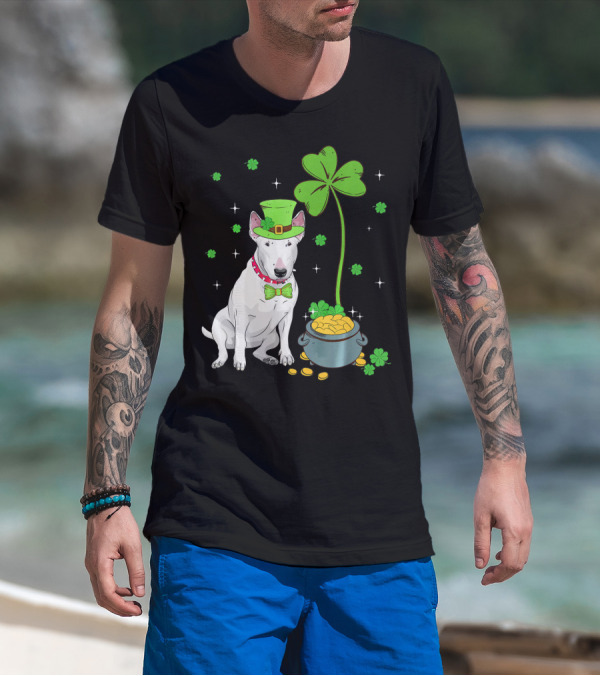 Shamrock Leprechaun Bull Terrier Pot Of Gold And Clover T-Shirt