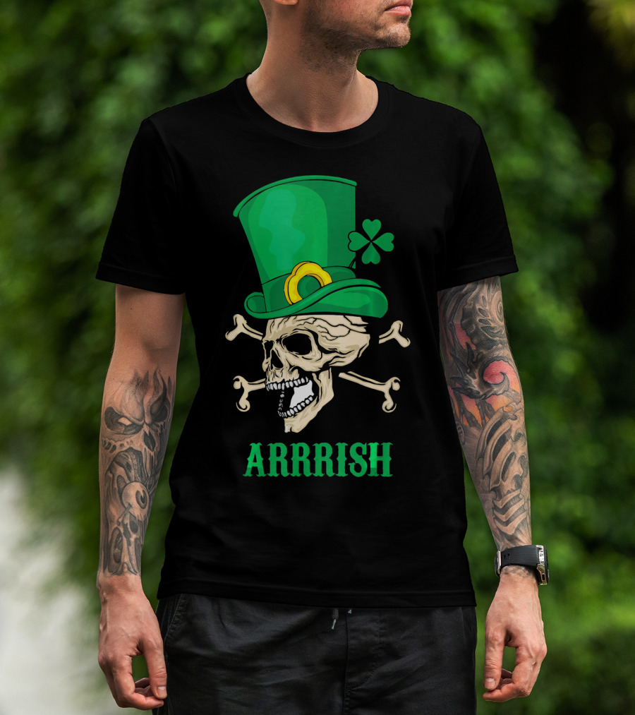 Arrrish Pirate Skull With Leprechaun Hat And Shamrock T-Shirt