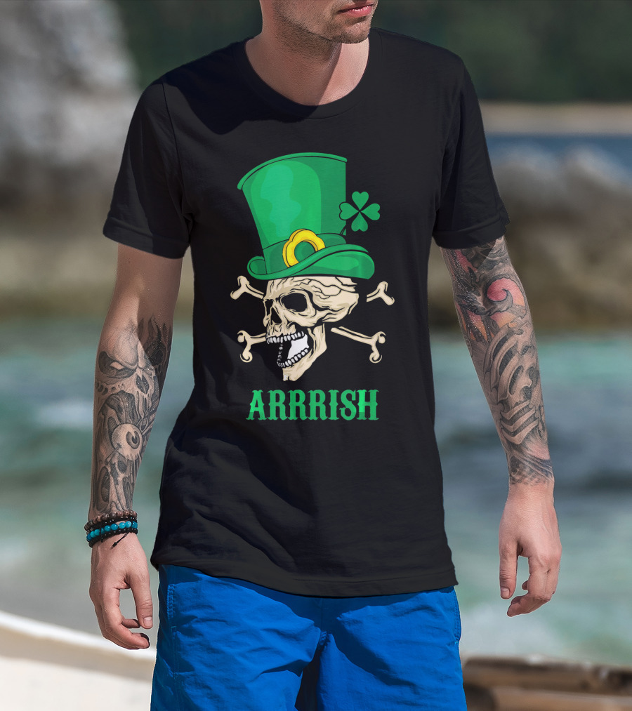 Arrrish Pirate Skull With Leprechaun Hat And Shamrock T-Shirt