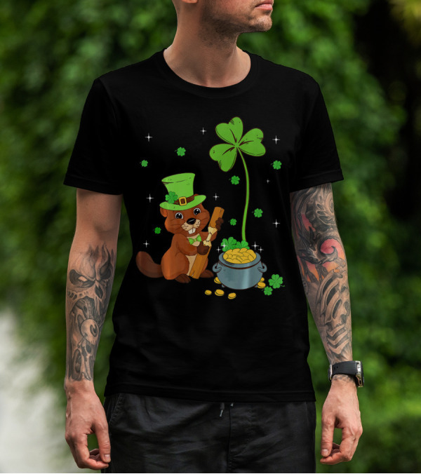 Shamrock-Leprechaun Beaver With Pot Of Gold And Clover For St Patricks T-Shirt