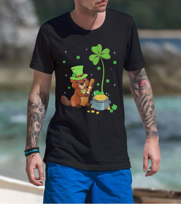 Shamrock-Leprechaun Beaver With Pot Of Gold And Clover For St Patricks T-Shirt