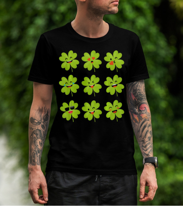 Four Leaf Clover Emojis Funny Saint Patrick's Day Smiley Faces T-Shirt