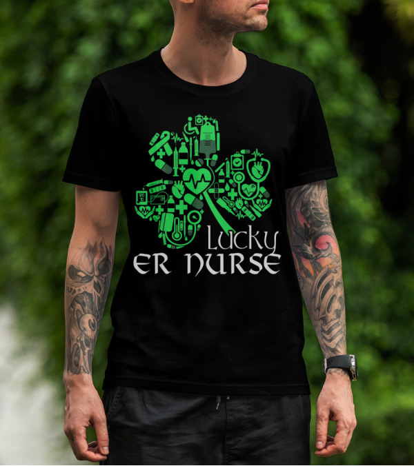 St Patricks Day Shamrock Lucky ER Nurse Medical Icons T-Shirt