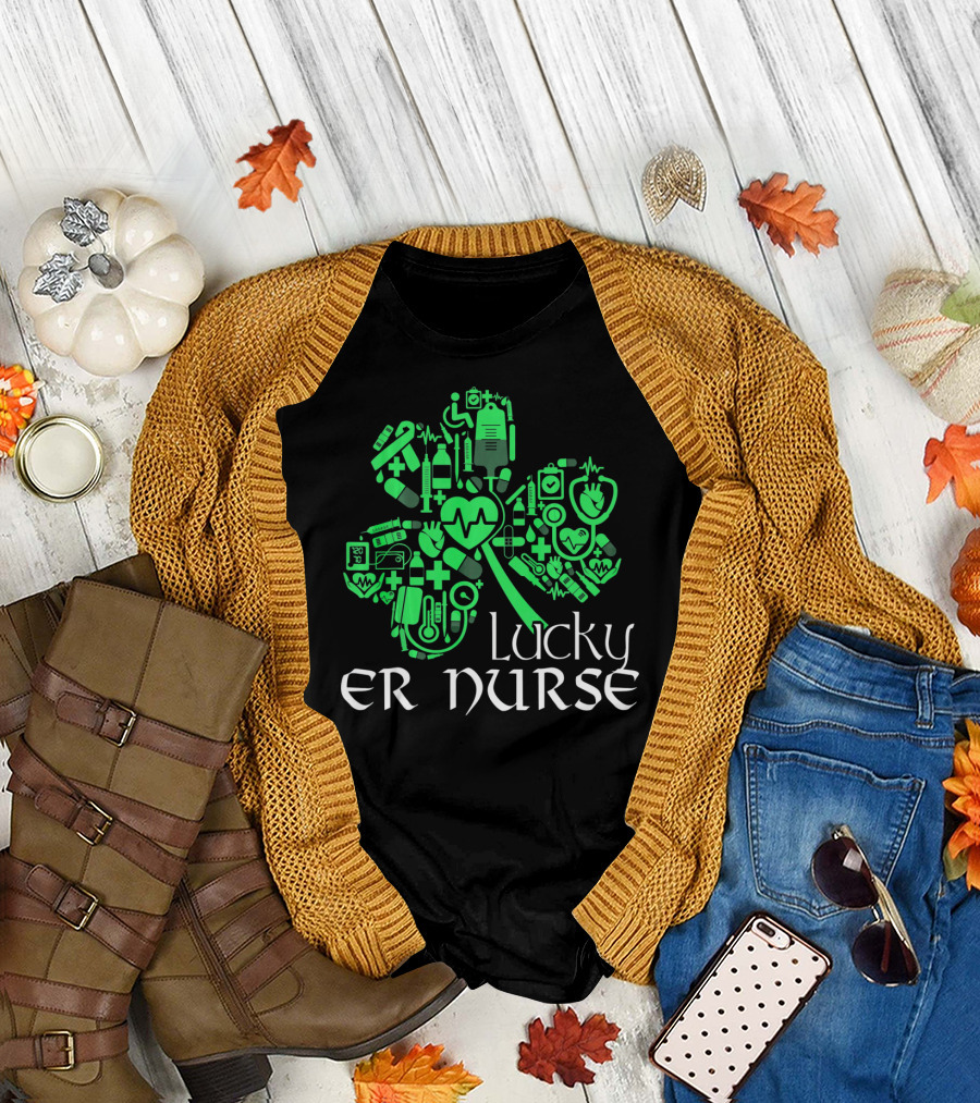 St Patricks Day Shamrock Lucky ER Nurse Medical Icons T-Shirt