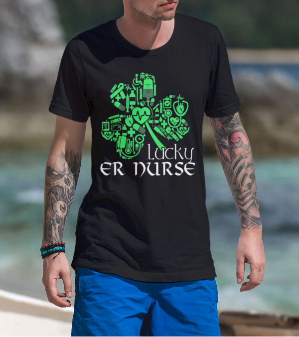 St Patricks Day Shamrock Lucky ER Nurse Medical Icons T-Shirt