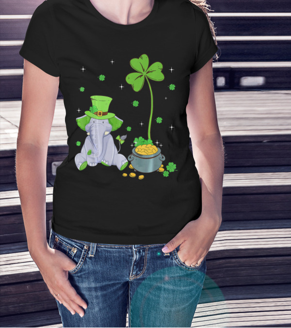 Shamrock Leprechaun Elephant St Patricks Pot Of Gold T-Shirt