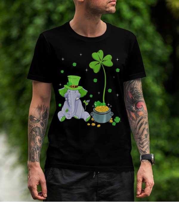 Shamrock Leprechaun Elephant St Patricks Pot Of Gold T-Shirt