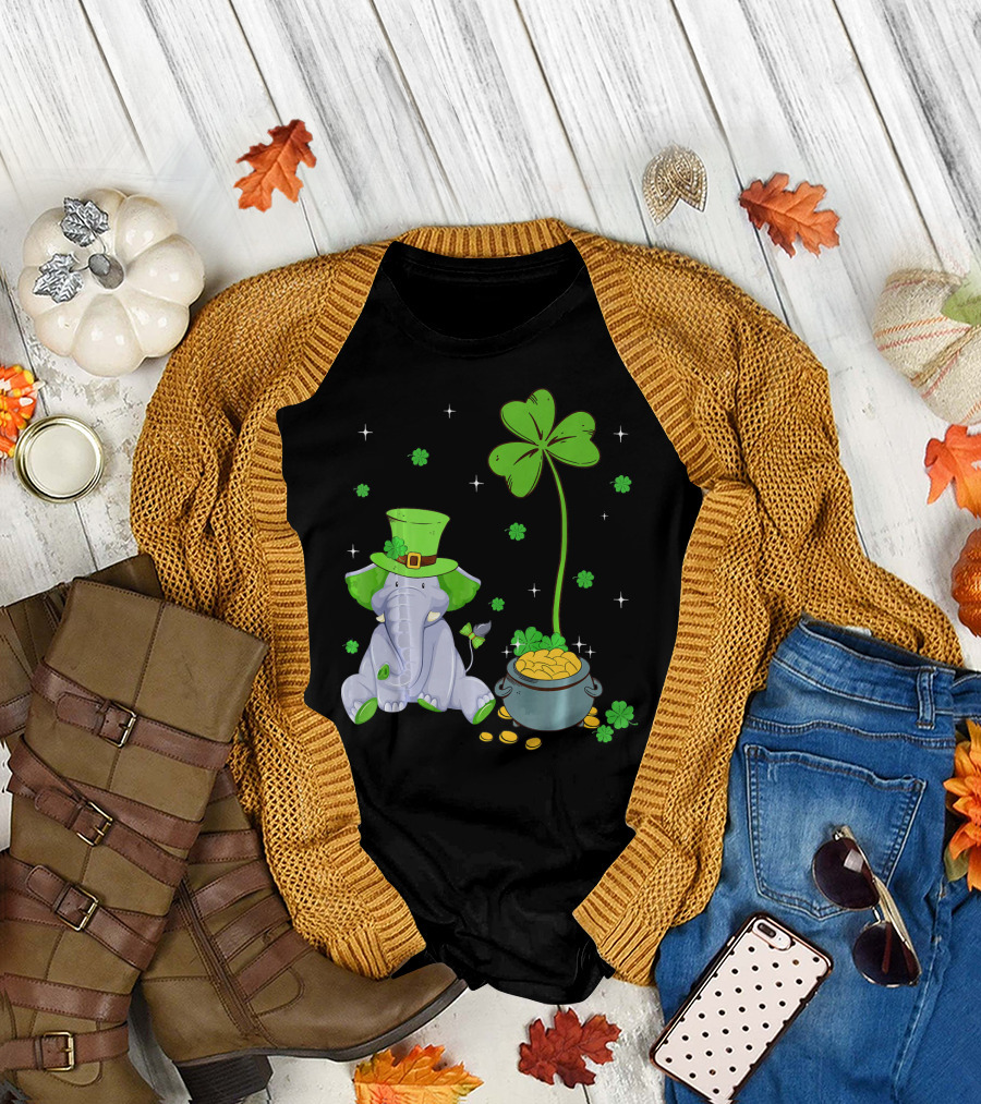 Shamrock Leprechaun Elephant St Patricks Pot of Gold T-Shirt