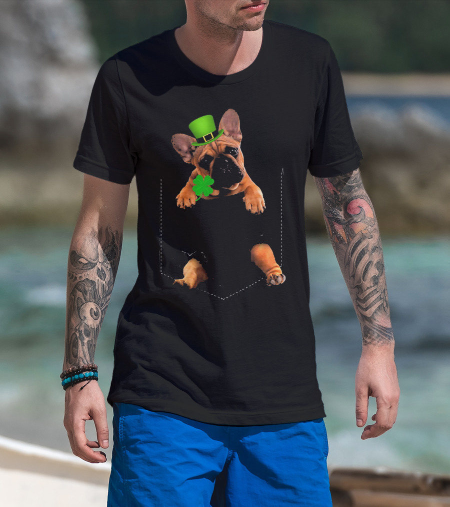 French Bulldog With Shamrock And Leprechaun Hat For St Patricks Day T-Shirt