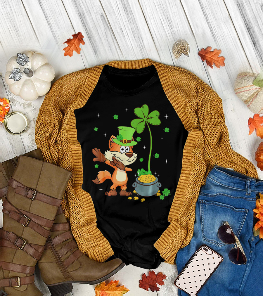 Shamrock Leprechaun Fox with Clover and Pot of Gold T-Shirt