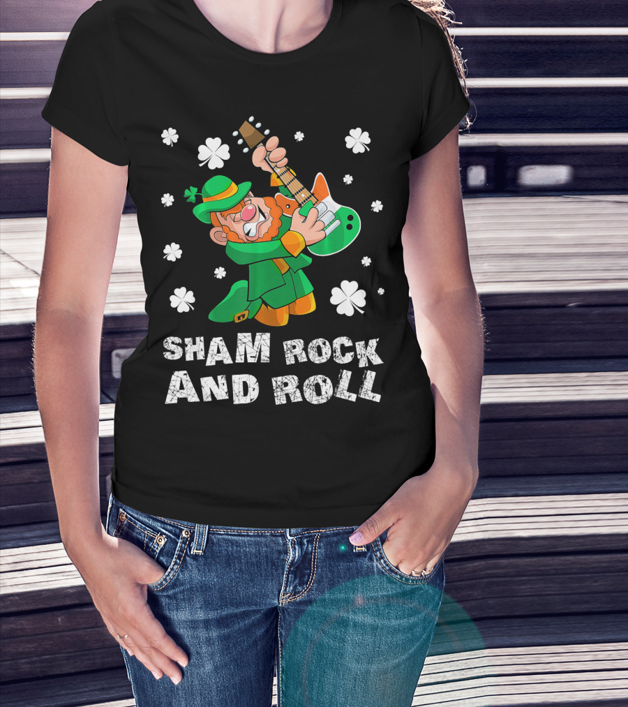 Sham Rock And Roll Leprechaun Playing Guitarist St Patricks Clover T-Shirt