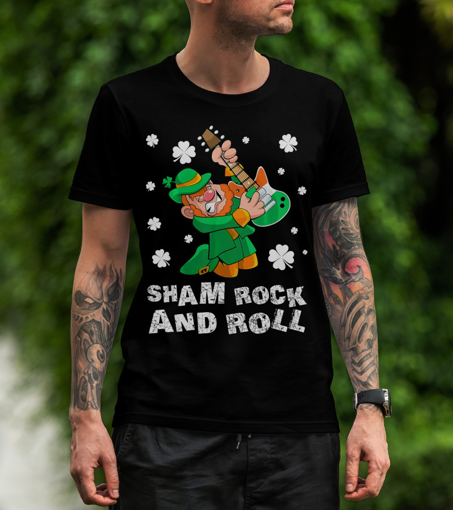 Sham Rock And Roll Leprechaun Playing Guitarist St Patricks Clover T-Shirt