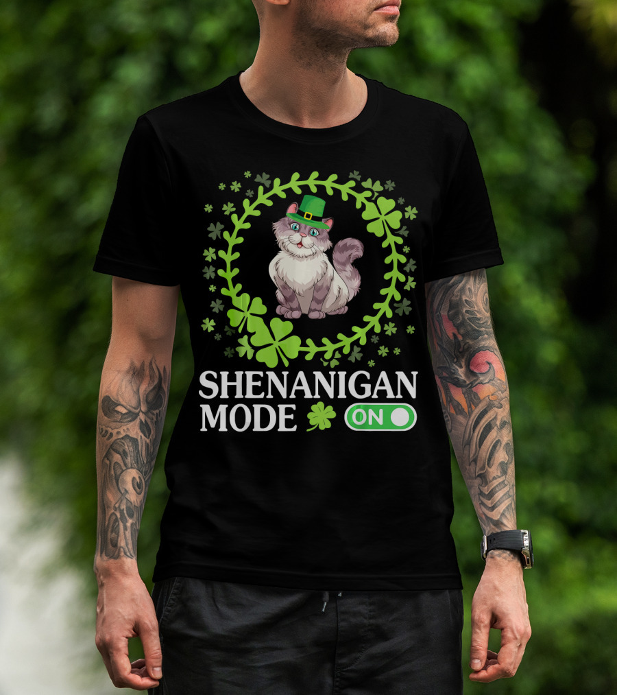 Shenanigan Mode On With Leprechaun Cat In Shamrocks Circle T-Shirt