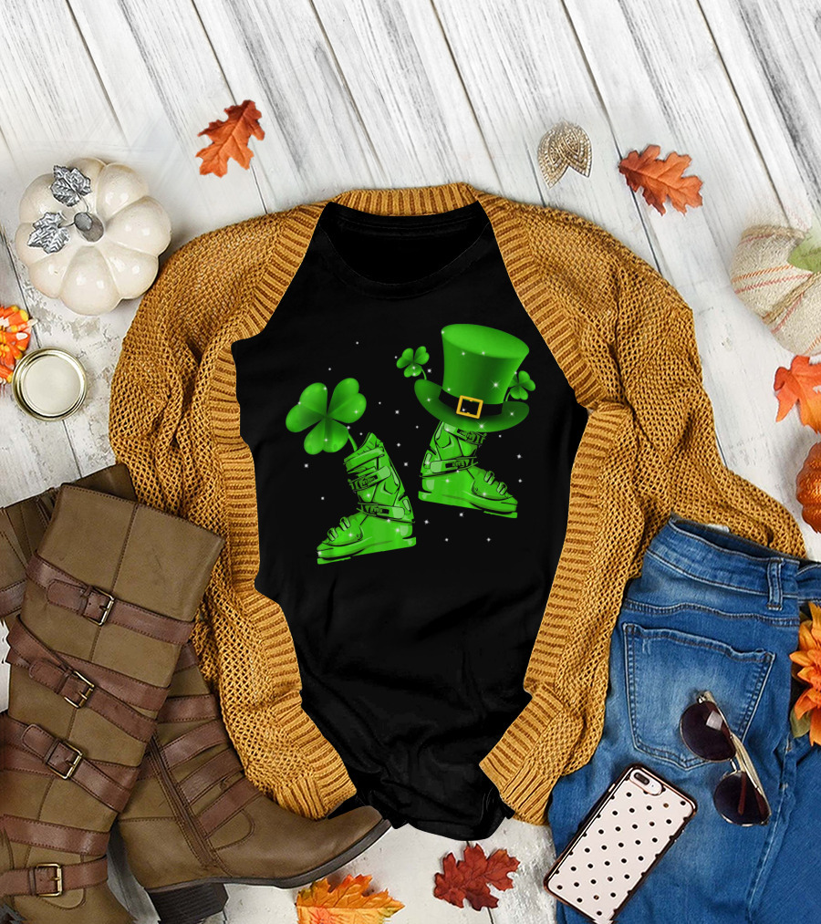 Shamrock Leprechaun Hat with Green Ski Boots T-Shirt
