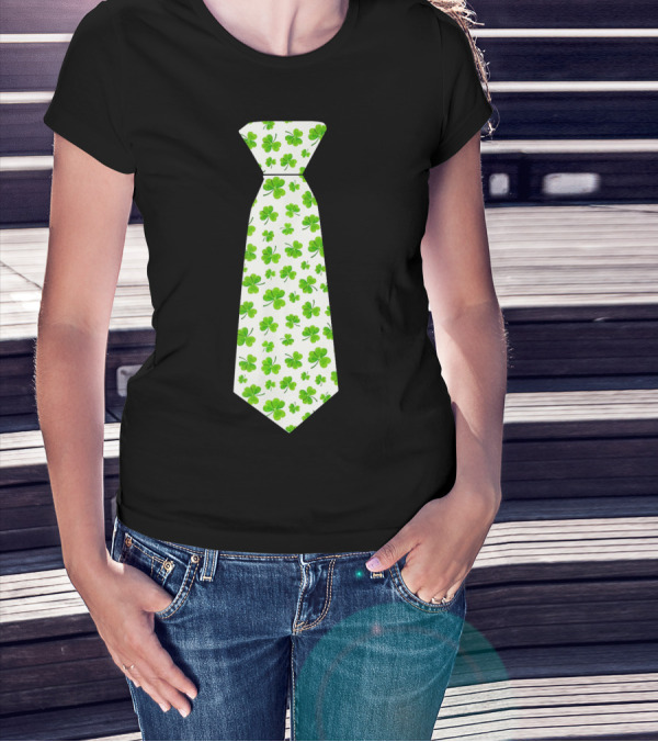 St Patricks Day Irish Shamrock Tie Pattern White Background T-Shirt