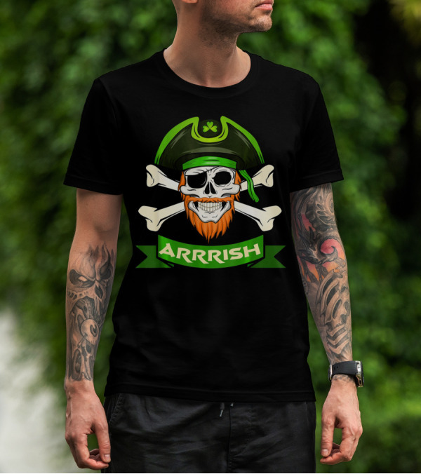 St Patricks Day Pirate Skull Arrish With Crossbones And Shamrock Hat T-Shirt