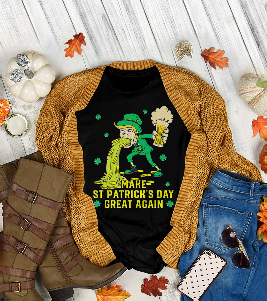 Make St Patrick's Day Great Again Leprechaun with Beer and Gold Coins T-Shirt