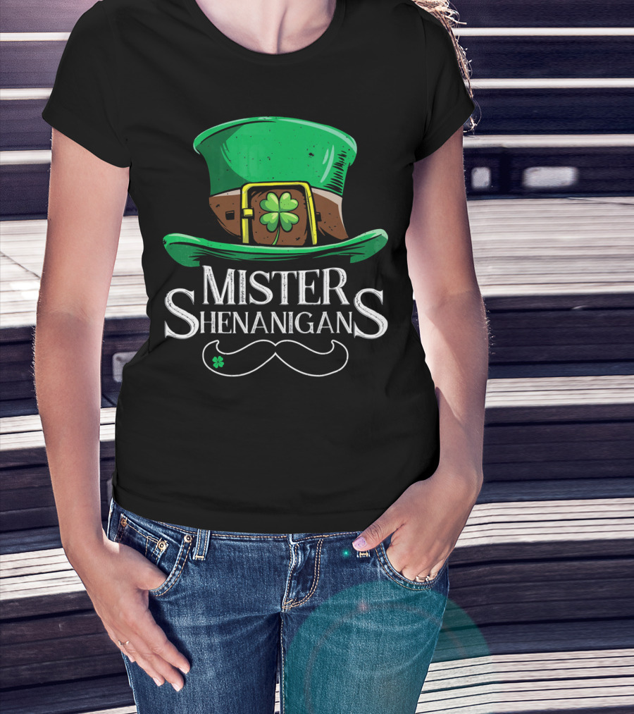 Mister Shenanigans St Patricks Hat With Clover And Mustache T-Shirt