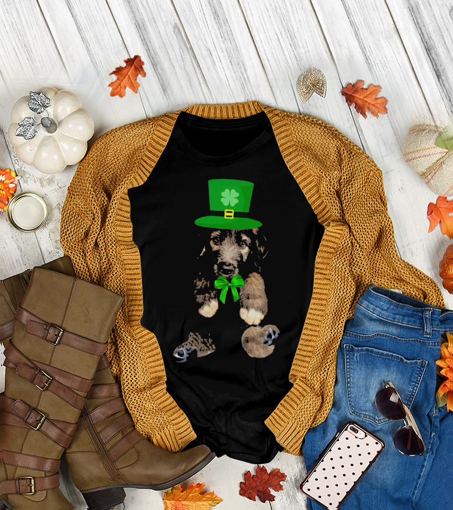 Irish Wolfhound Puppy with Leprechaun Hat and Shamrock Bow for St. Patrick's Day T-Shirt