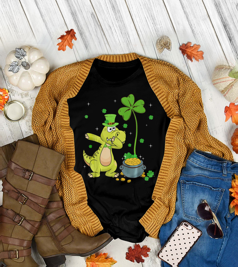 Shamrock Dabbing Dinosaur Leprechaun Gold Pot St Patricks T-Shirt