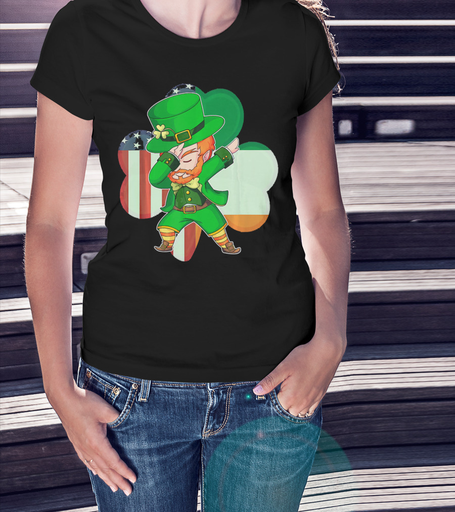 Funny Dabbing Leprechaun Shamrock American Irish Flag T-Shirt