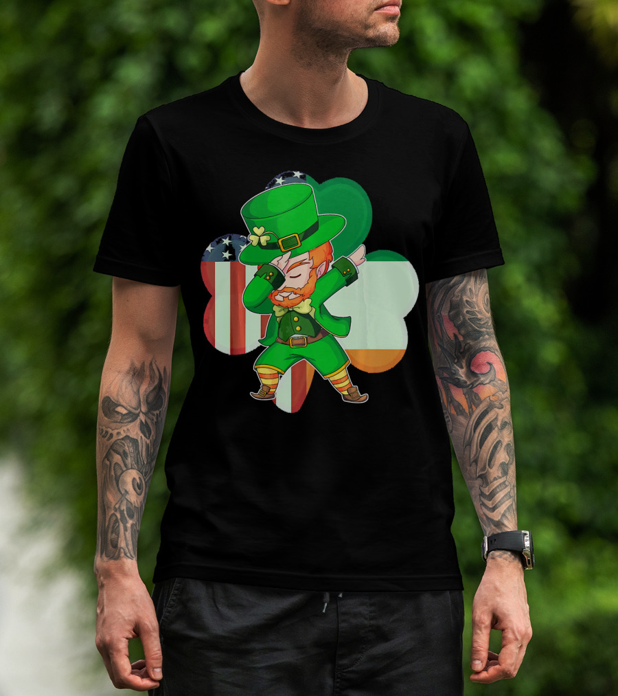 Funny Dabbing Leprechaun Shamrock American Irish Flag T-Shirt